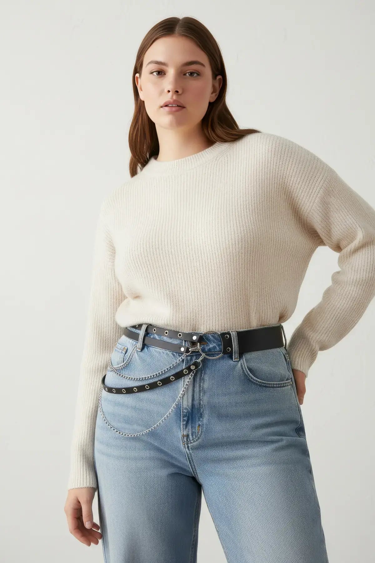 Plus Size Black Double-Layer Chain Waist Belt by HarnessClub, vegan leather with metal studs
