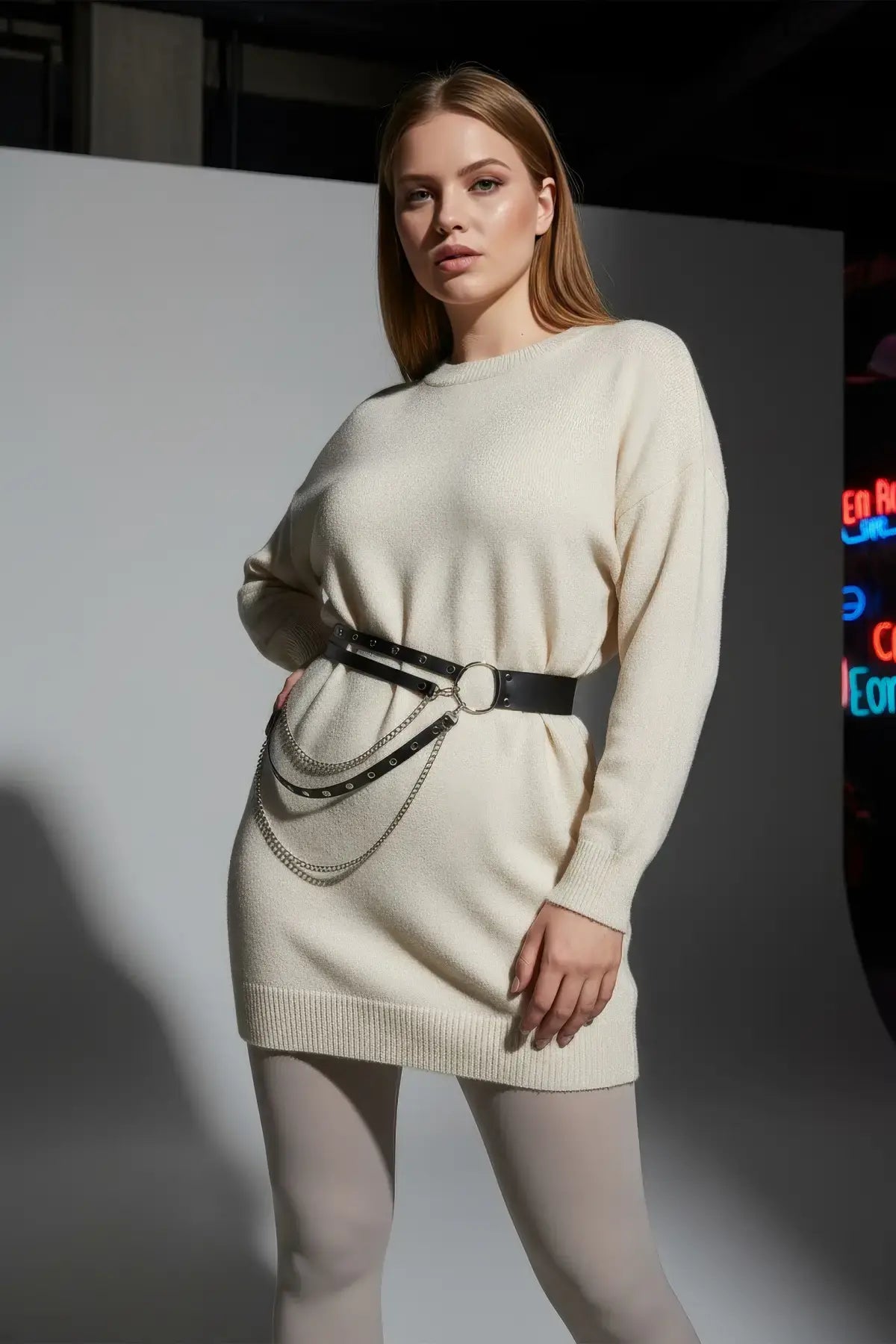 HarnessClub plus-size black vegan-leather double-layer chain waist belt