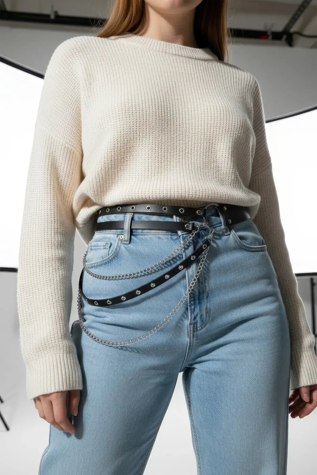 Plus-Size black double-layer chain waist belt with two straps in vegan leather
