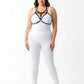 Plus-size black elastic bralette harness with V-frame O-ring on white bodysuit