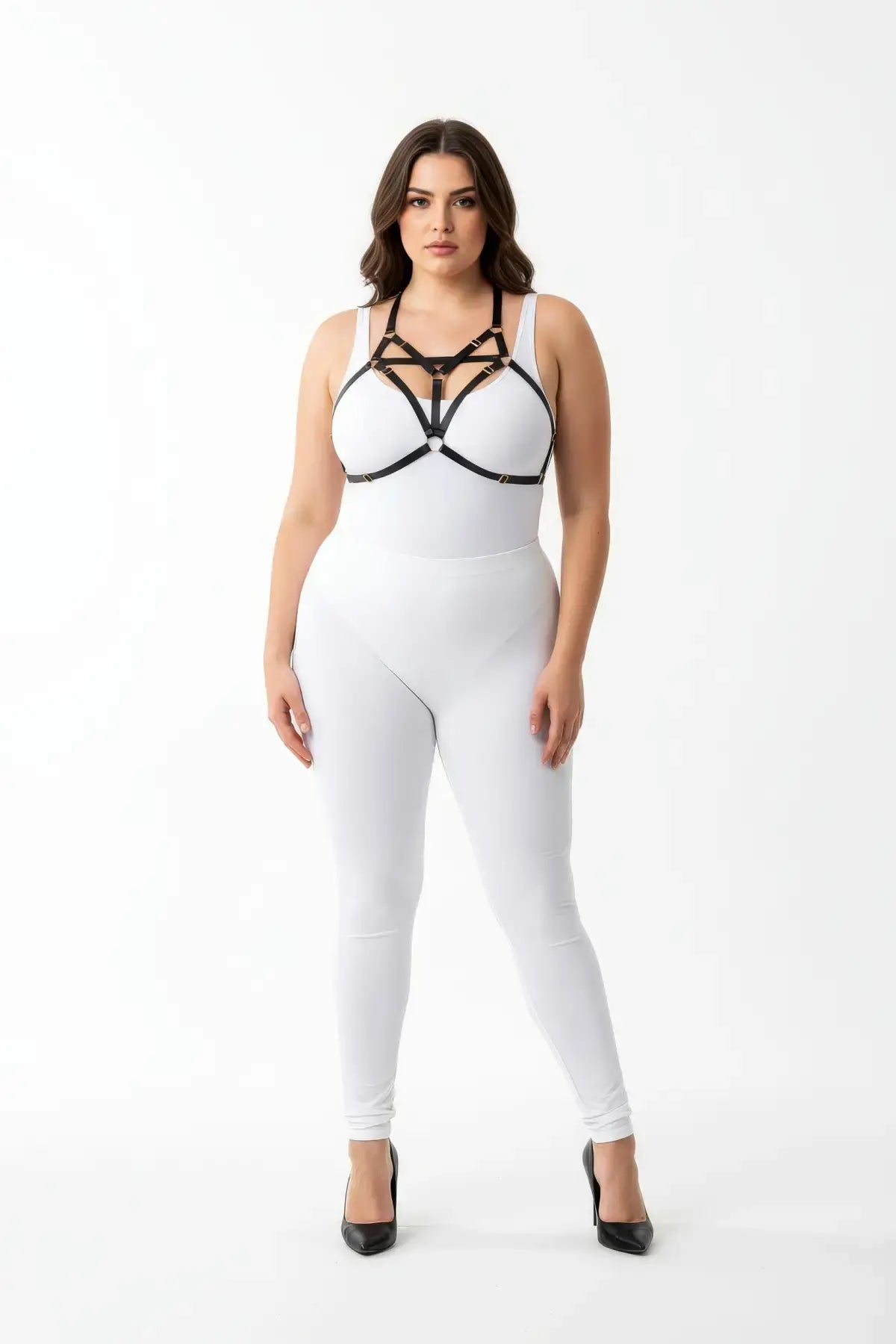 Plus-size black elastic bralette harness with V-frame O-ring on white bodysuit