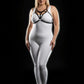 Plus-size black elastic bralette harness with V-frame O-ring on a model