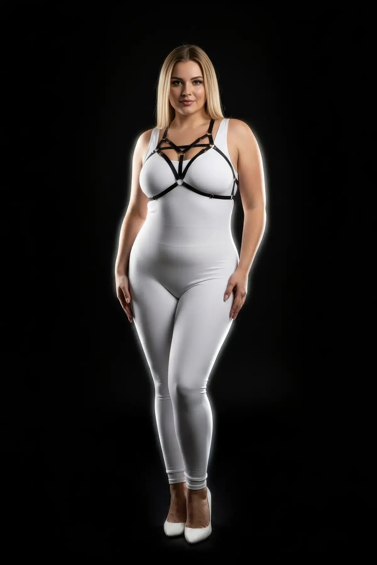 Plus-size black elastic bralette harness with V-frame O-ring on a model