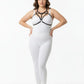 Plus-size black elastic bralette harness with V-frame O-ring on a model wearing a white bodysuit
