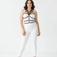 Plus-size black elastic cage chest harness with front O-ring, worn over a white top