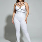 Plus-size black elastic collar and O-ring harness by HarnessClub worn over a white bodysuit