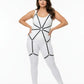 HarnessClub plus-size black elastic full-body garter harness with O-rings worn over a white bodysuit.