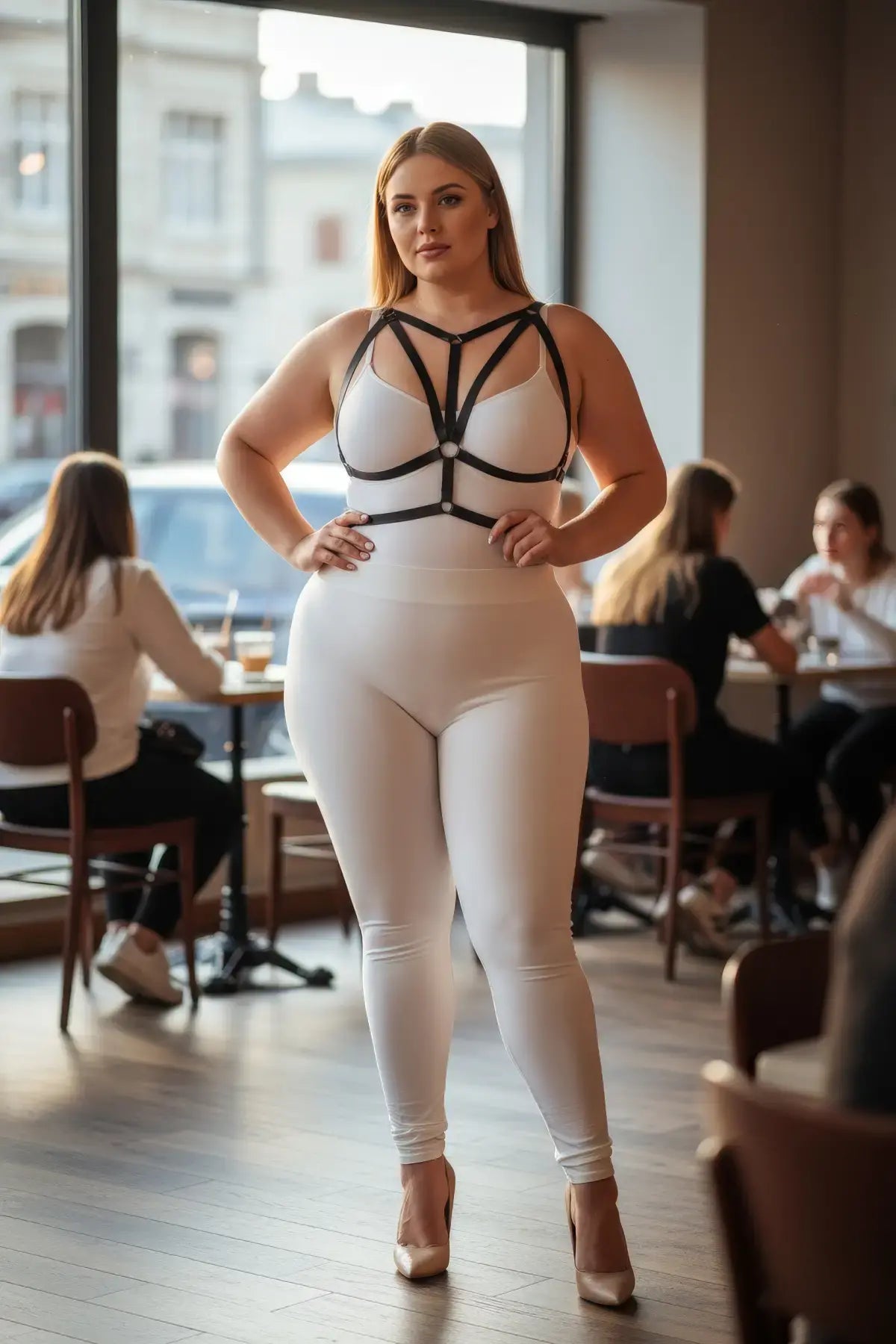 Plus Size Black Elastic O-Ring Body Harness by HarnessClub worn over white bodysuit