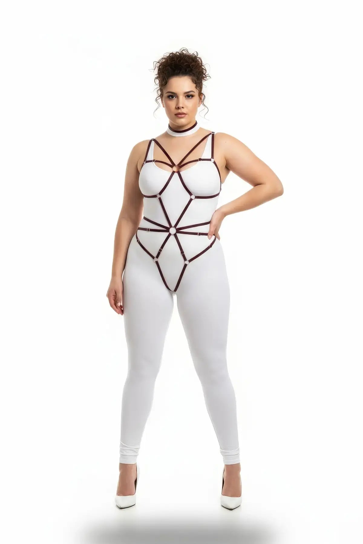 Plus Size Black Elastic O-Ring Web Body Harness with geometric strap design