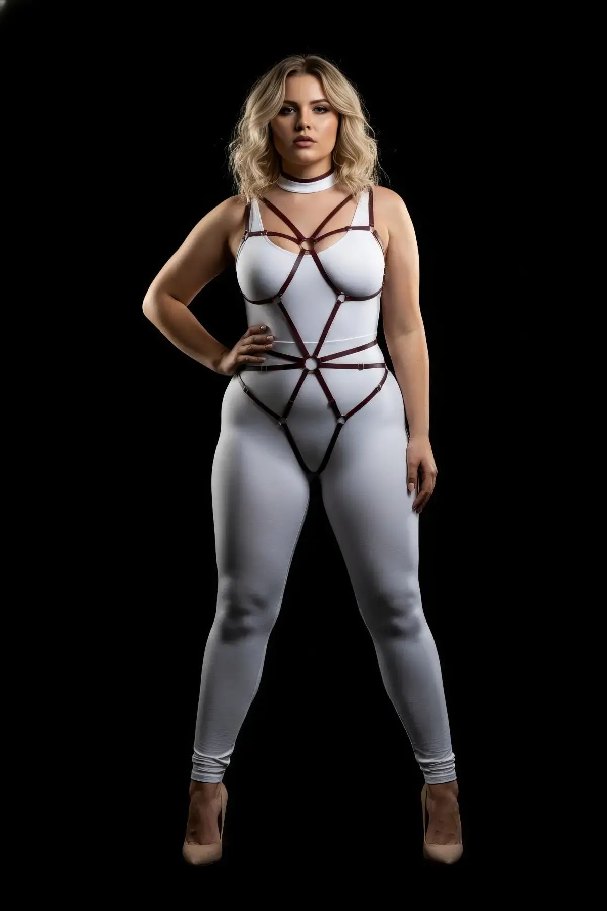 Plus Size Black Elastic O-Ring Web Body Harness worn over a white bodysuit