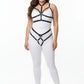 Plus-size black elastic two-piece harness set with chest and hip straps on a white bodysuit, HarnessClub