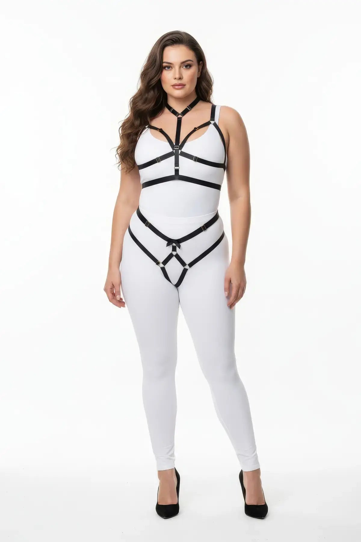 Plus-size black elastic two-piece harness set with chest and hip straps on a white bodysuit, HarnessClub