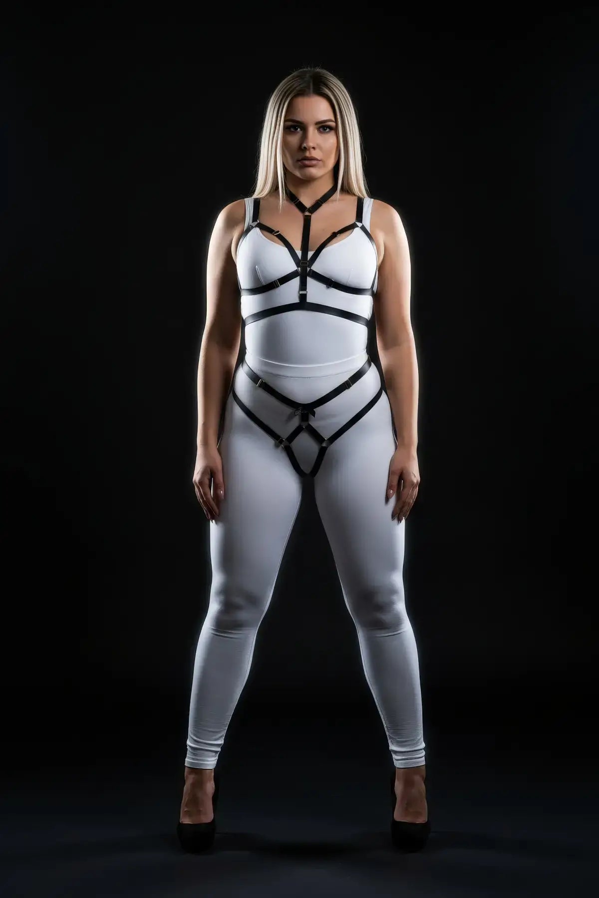 Plus size black elastic two-piece harness set over a white bodysuit, chest and hip straps.