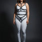 Plus size black elastic two-piece harness set for chest and hips, modeled over a white bodysuit.