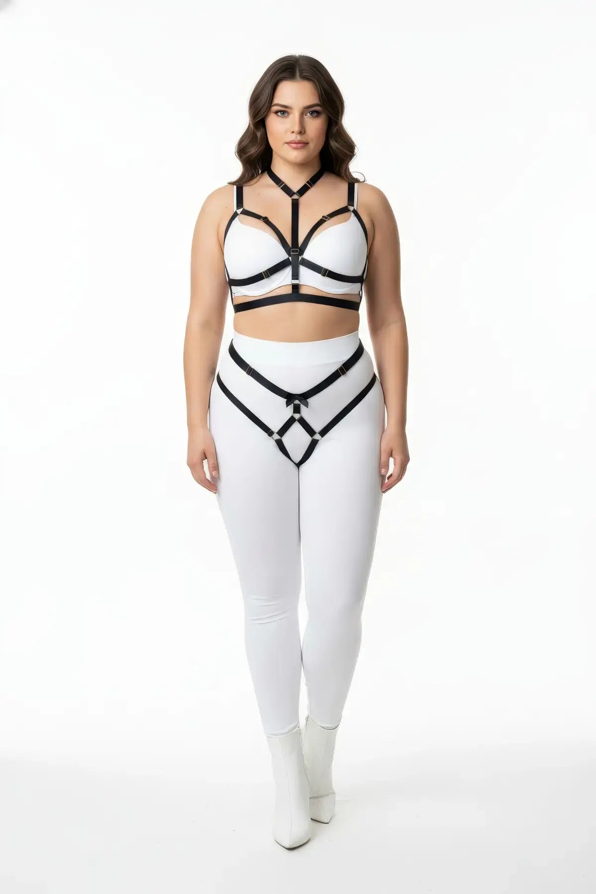 Plus-size black elastic chest-and-hip harness set by HarnessClub, two-piece