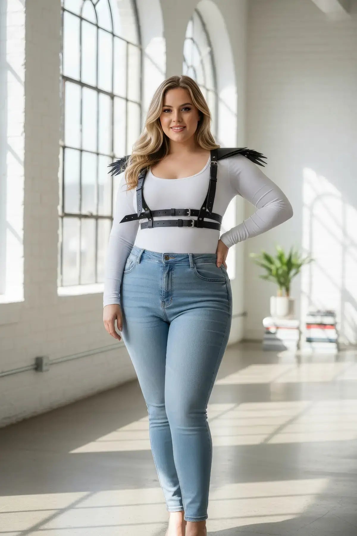 Plus Size Black Epaulette Fringe Shoulder Harness in vegan leather worn by model in a bright studio