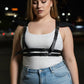 Plus-size black epaulette fringe shoulder harness with vegan leather straps by HarnessClub