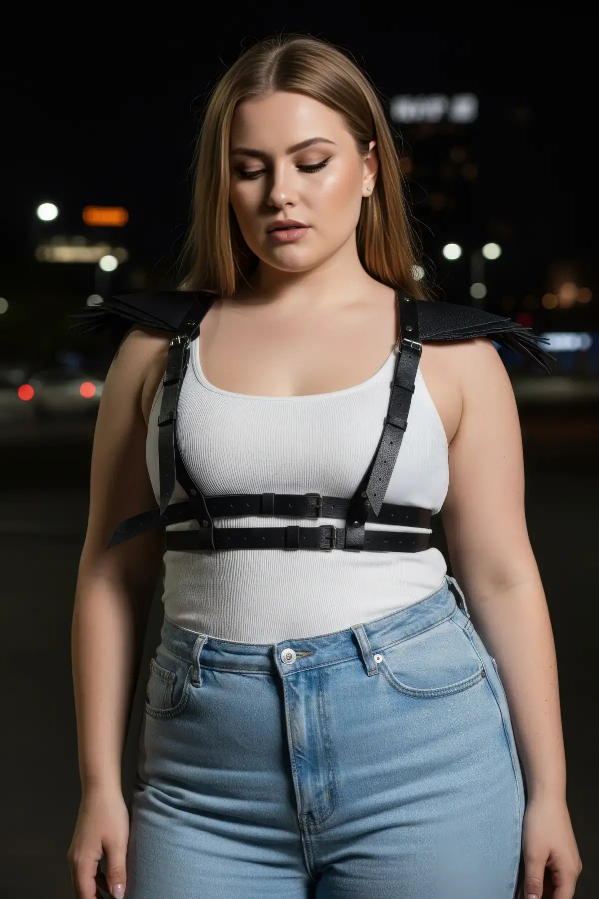 Plus-size black epaulette fringe shoulder harness with vegan leather straps by HarnessClub