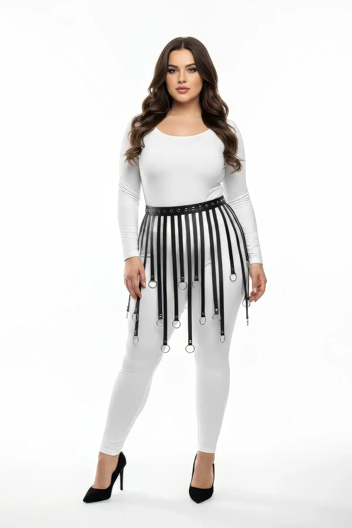 Harness skirt with plus-size black vegan leather eyelet belt straps and fringe by HarnessClub
