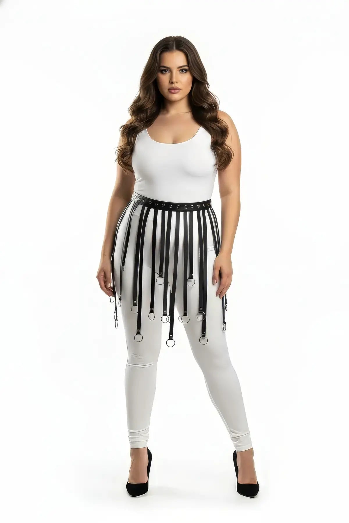Eyelet belt fringe harness skirt, plus-size, black vegan leather by HarnessClub