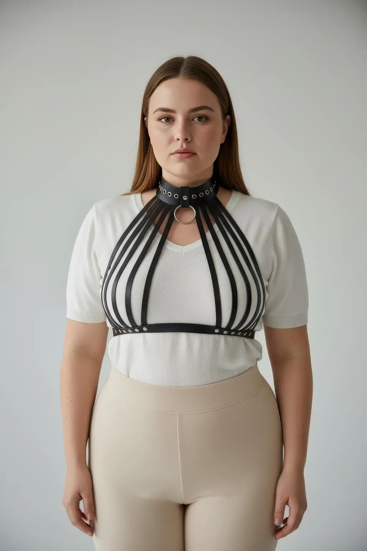 Plus-size black fan-strap O-ring cage harness by HarnessClub, vegan leather body accessory.