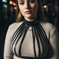 Plus-size black vegan leather fan-strap O-ring cage harness worn around neck and chest by HarnessClub