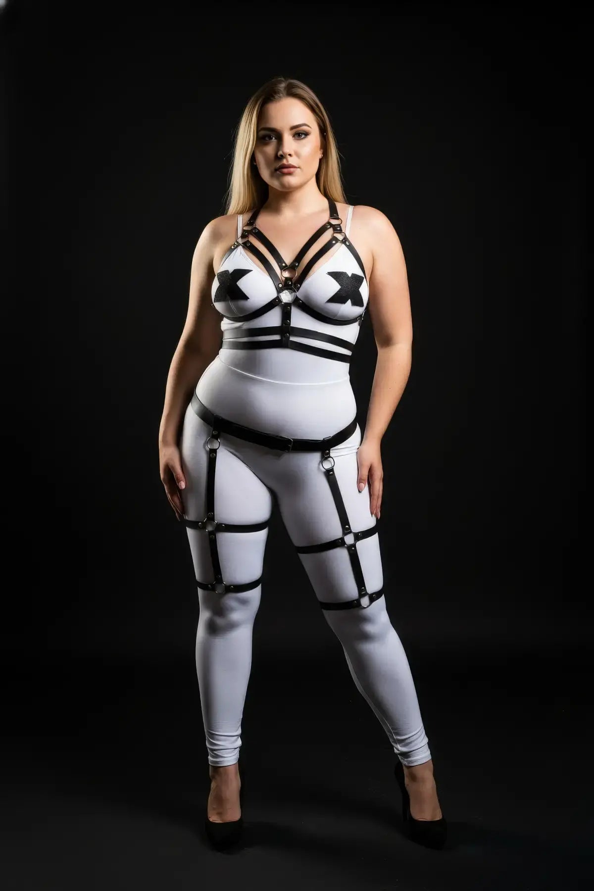 Plus-size black faux-leather garter harness set worn over a white bodysuit