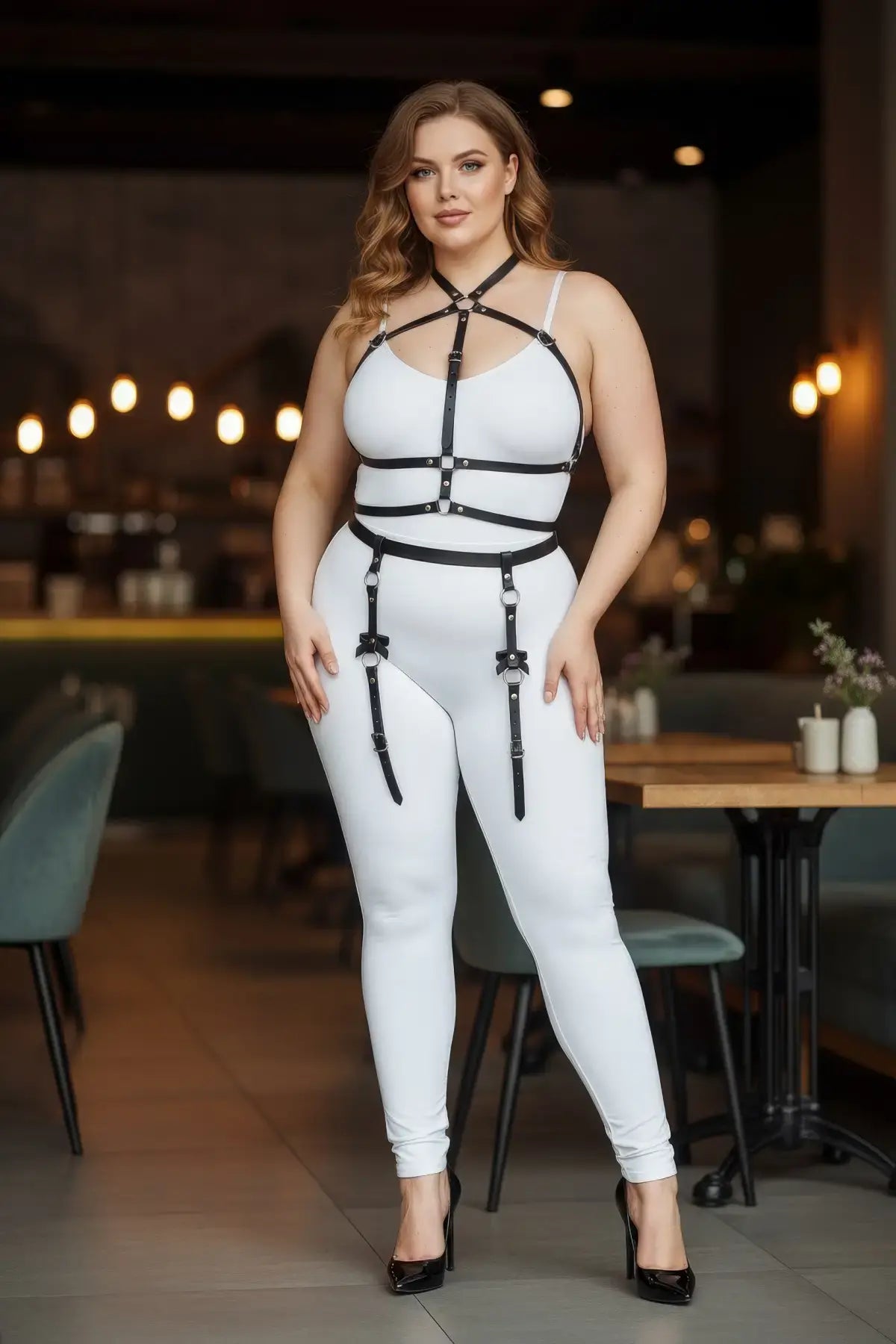 Plus-Size black vegan faux-leather body-contour garter harness set