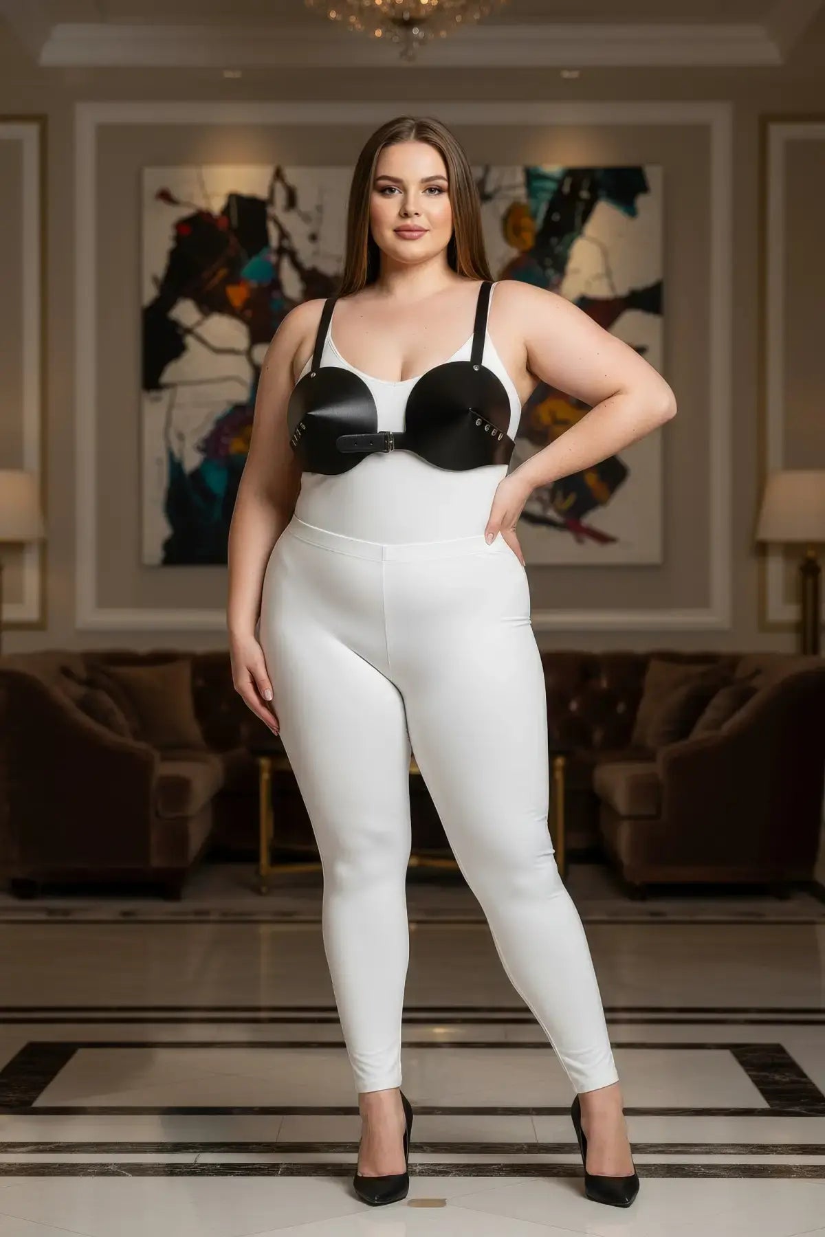 Plus size black faux leather bustier body harness by HarnessClub