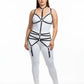 Plus-size black faux leather bustier garter harness worn by model over a white bodysuit; strappy vegan leather design