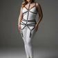 Plus-size white bustier harness bodysuit with black faux-leather straps and garters.