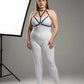 Plus Size Black Faux Leather Chest Harness by HarnessClub worn over a white bodysuit