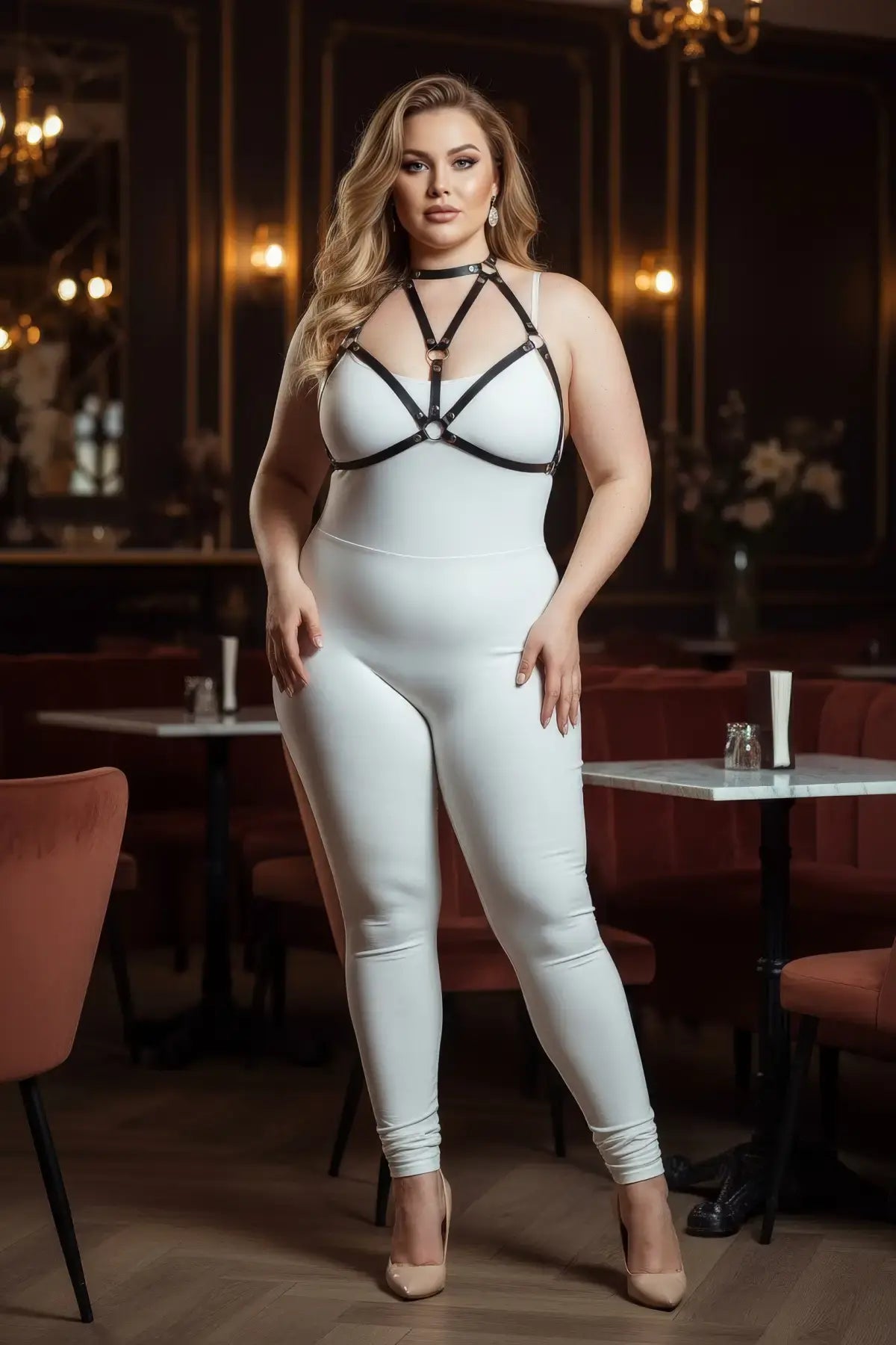 Plus size black faux leather chest harness by HarnessClub worn over a white bodysuit