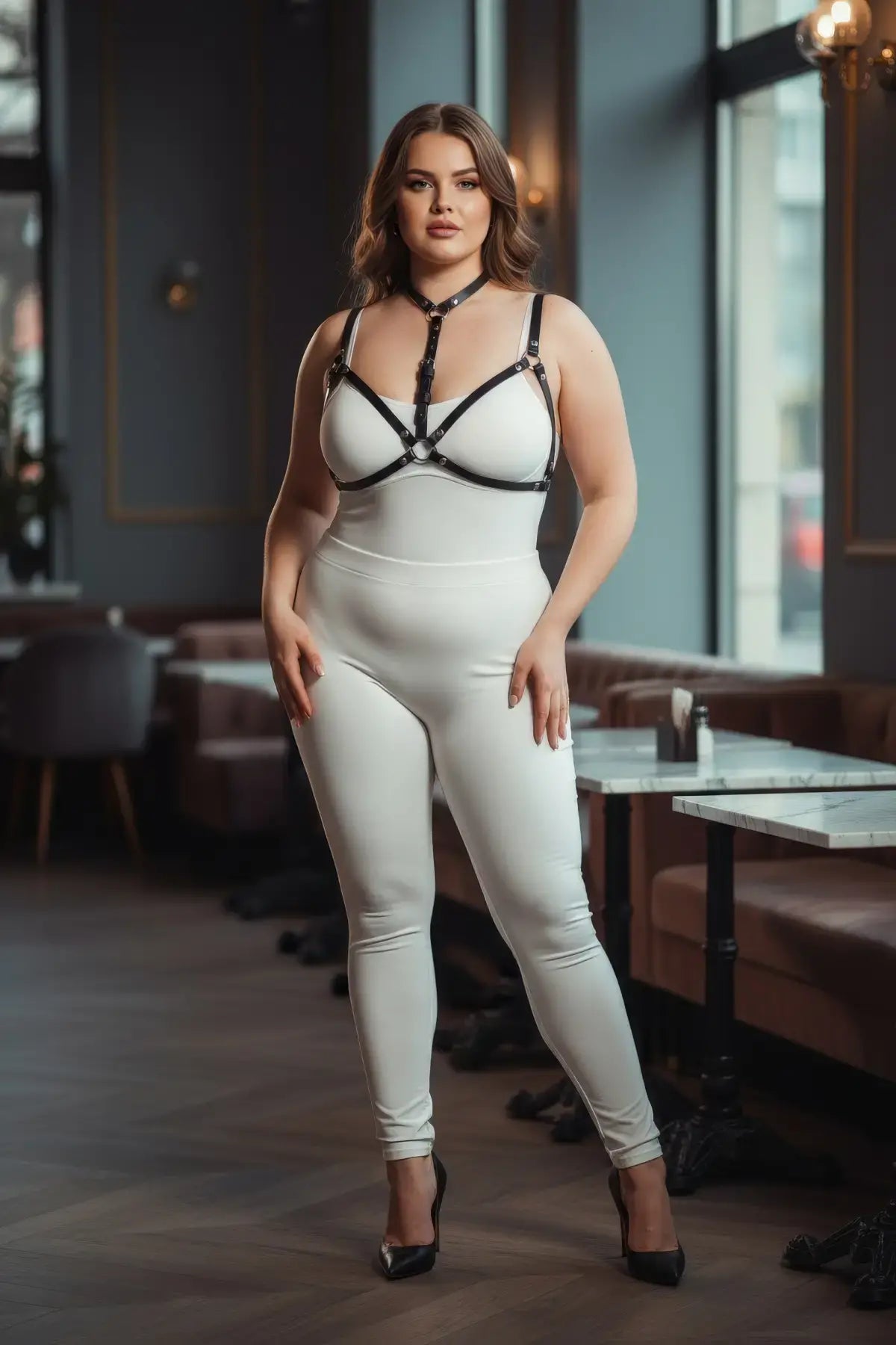 Plus Size Black Faux Leather Chest Harness by HarnessClub worn over a white bodysuit
