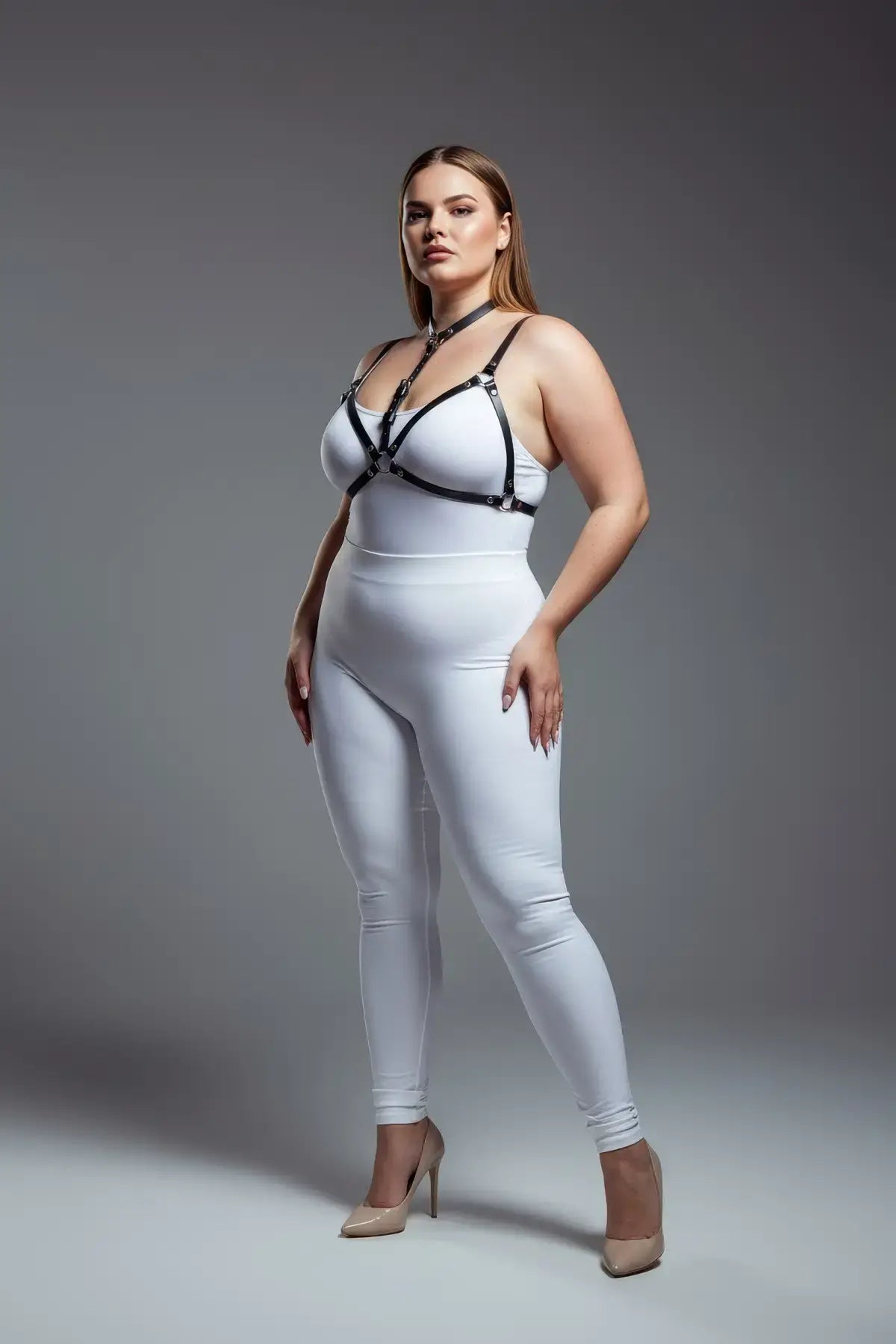 Plus Size Black Faux Leather Chest Harness by HarnessClub, strappy body accessory