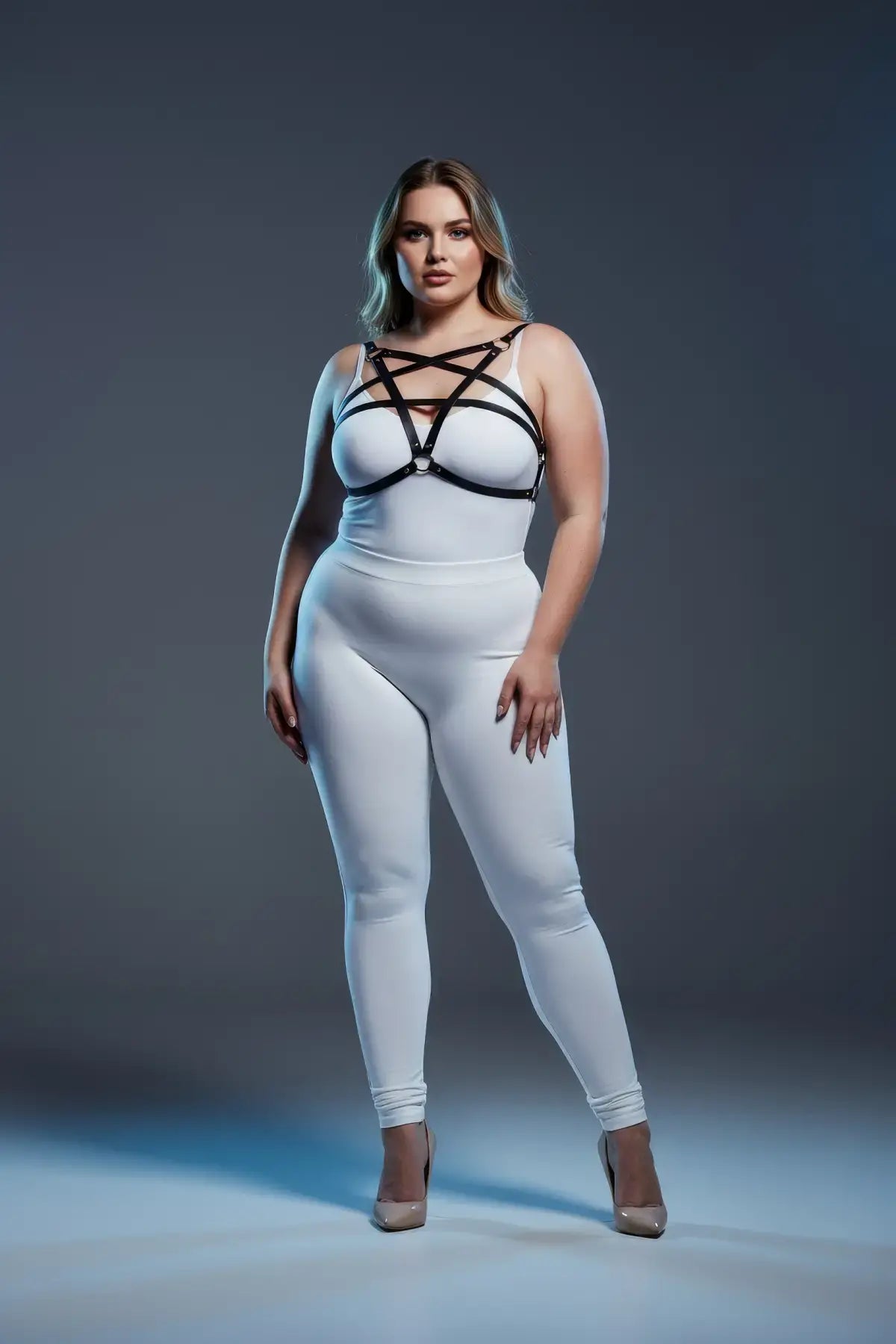 Plus Size Black Faux Leather Chest Harness Set by HarnessClub worn over a white bodysuit.
