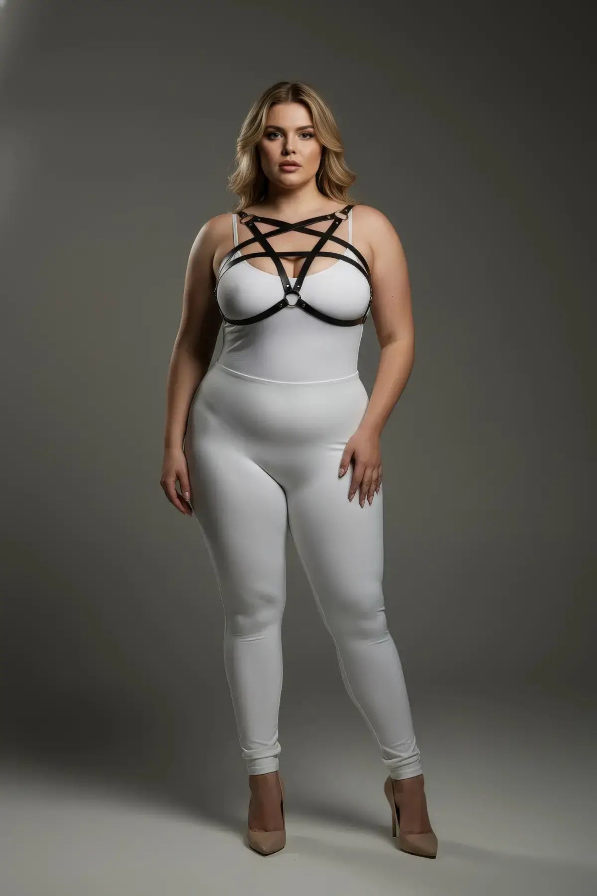 Plus-size black faux leather chest harness set worn over a white bodysuit by HarnessClub