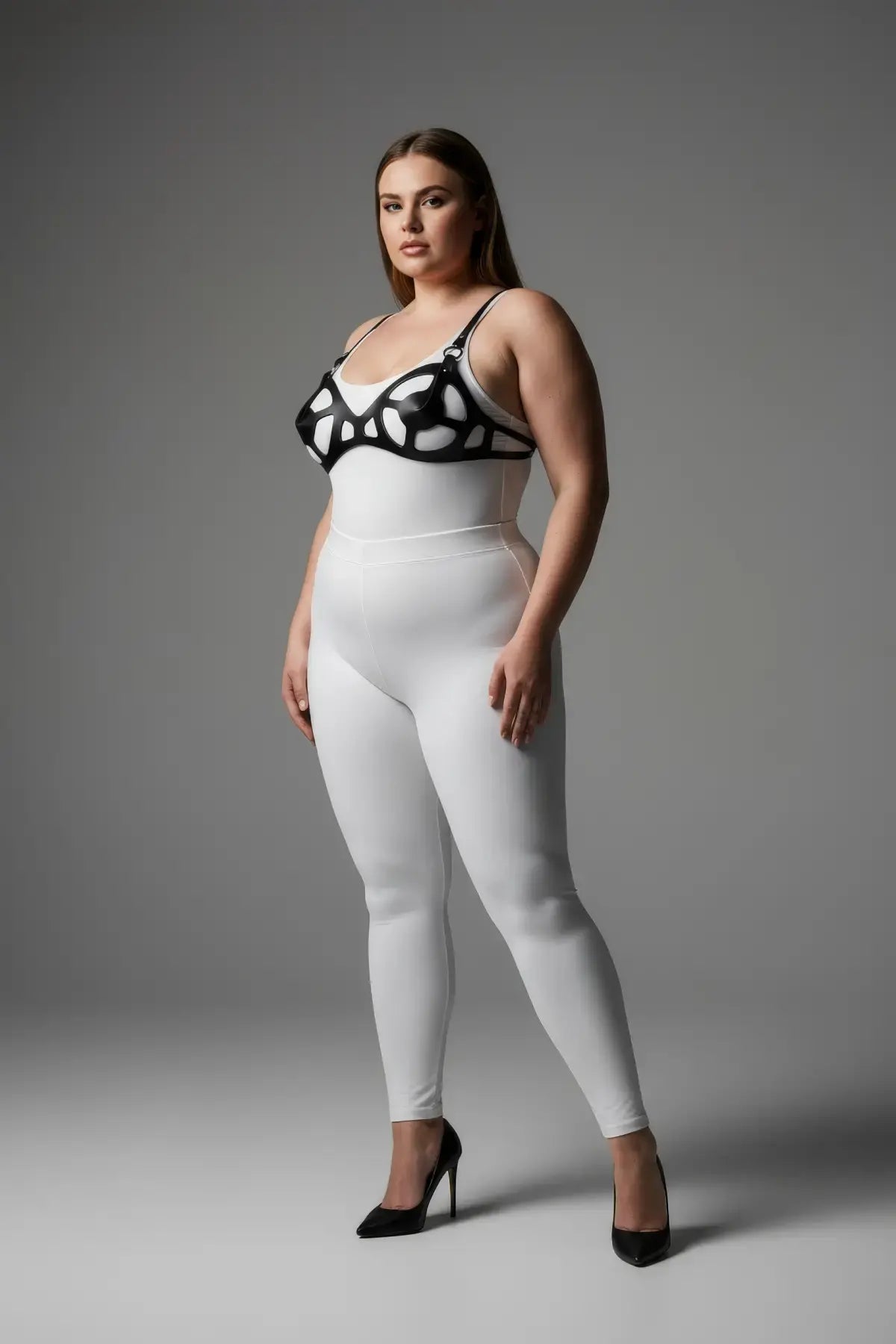 Plus Size Black Faux Leather Fantasy Body Harness worn over white bodysuit