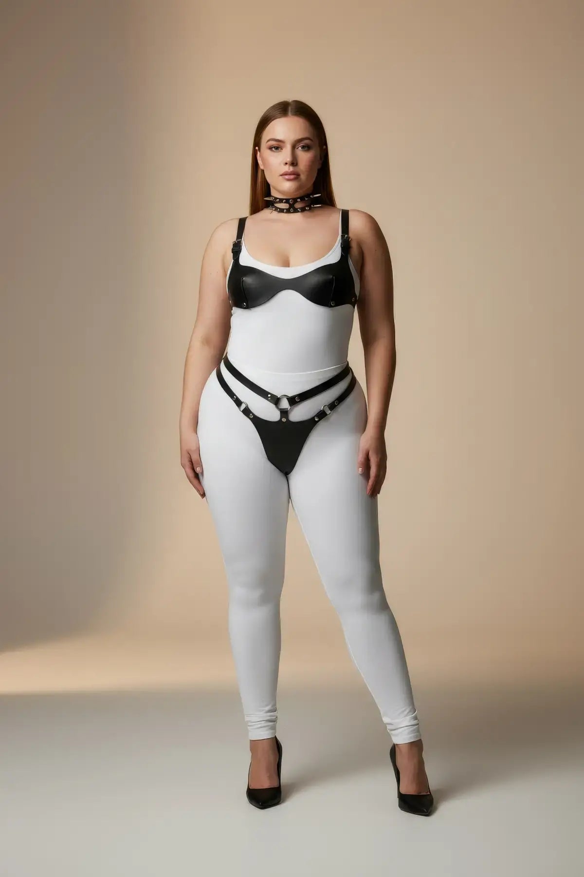 Plus-size black faux leather harness set with leash and O-ring by HarnessClub