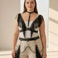 Plus-size black fringe vegan leather body harness with two-tier fringe and studded choker with chains