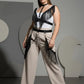 Plus-size black vegan-leather fringe body harness with studded choker and chains