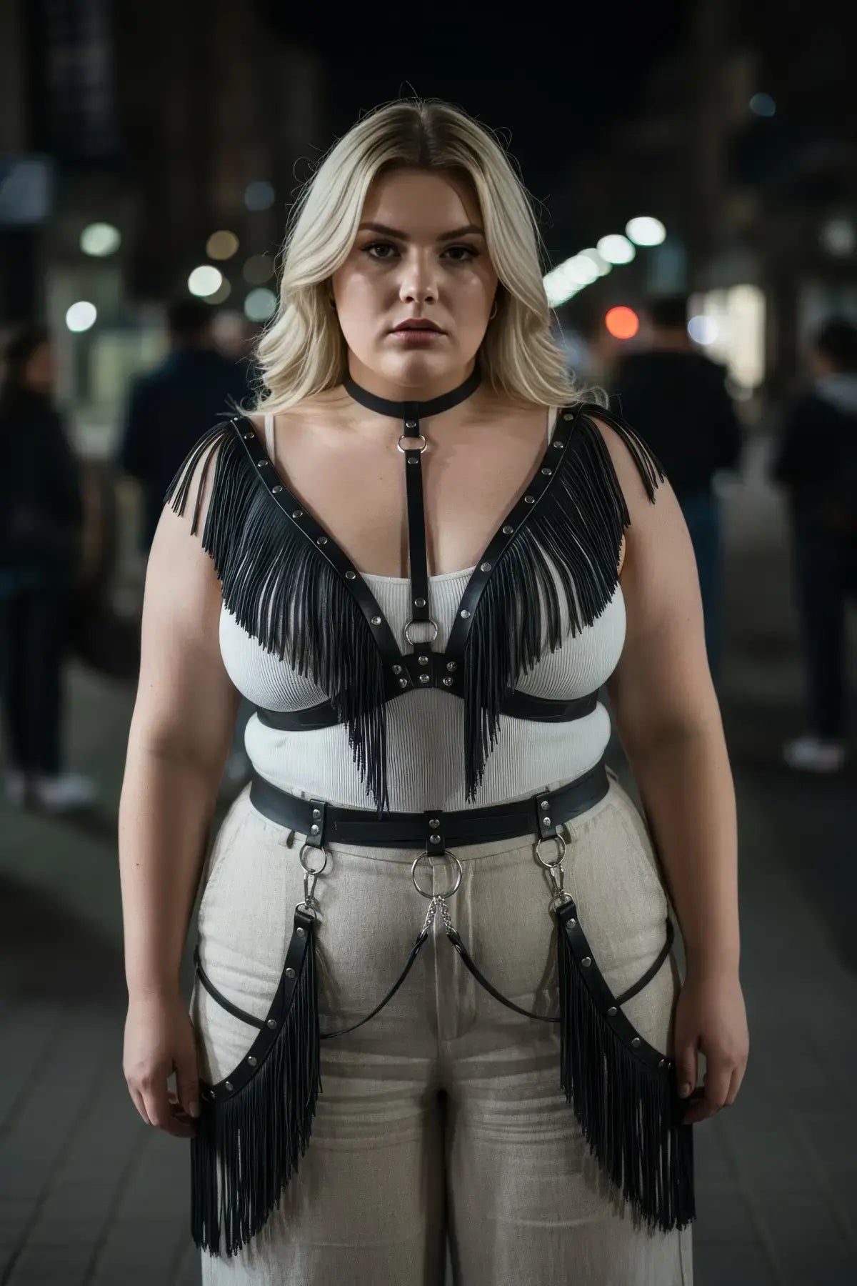 Plus-size black fringe vegan-leather body harness with studded choker and chain accents