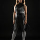 Plus-size black vegan leather fringe capelet and belted long skirt set by HarnessClub