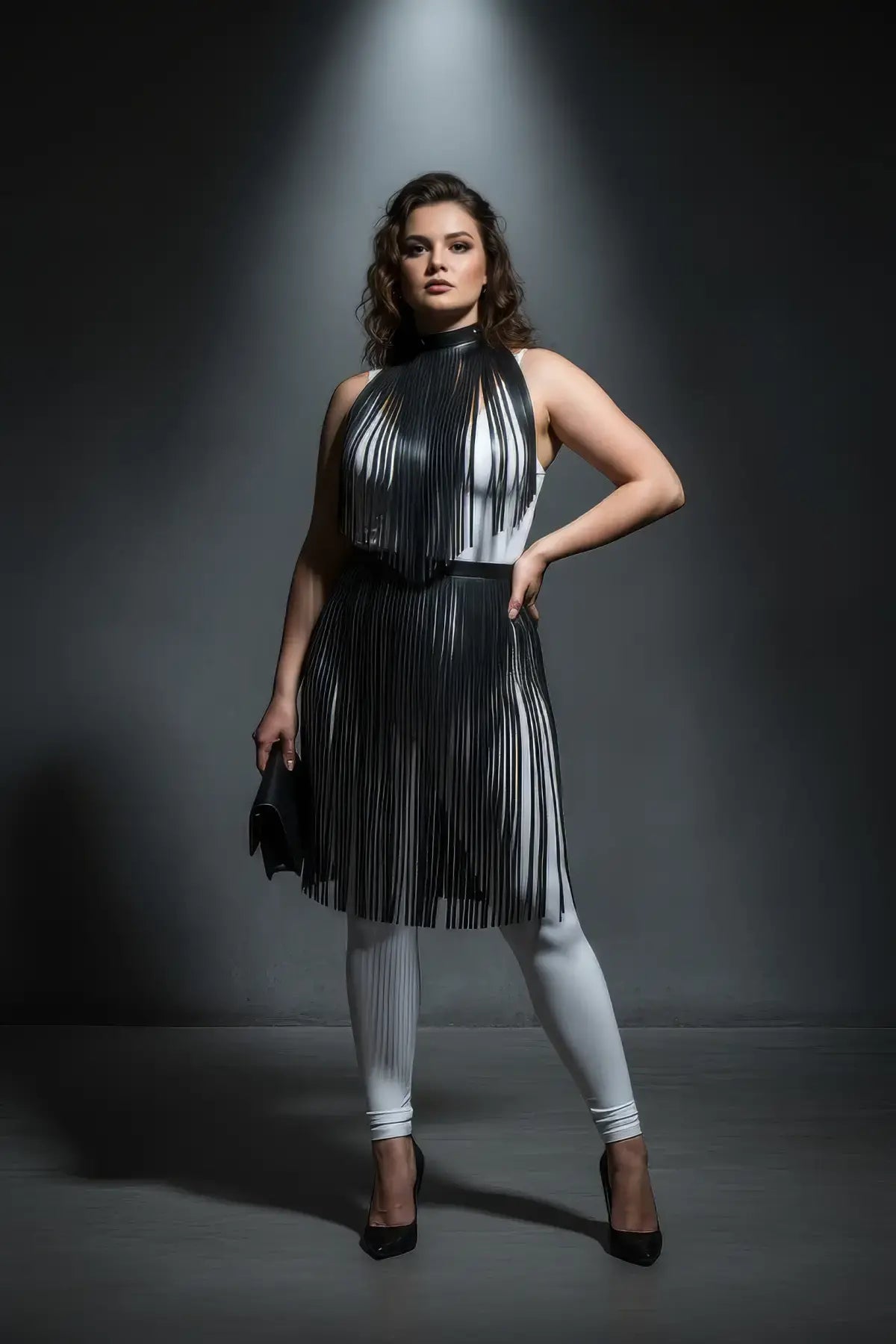 Plus-size black vegan-leather fringe capelet and belted long skirt set worn by model