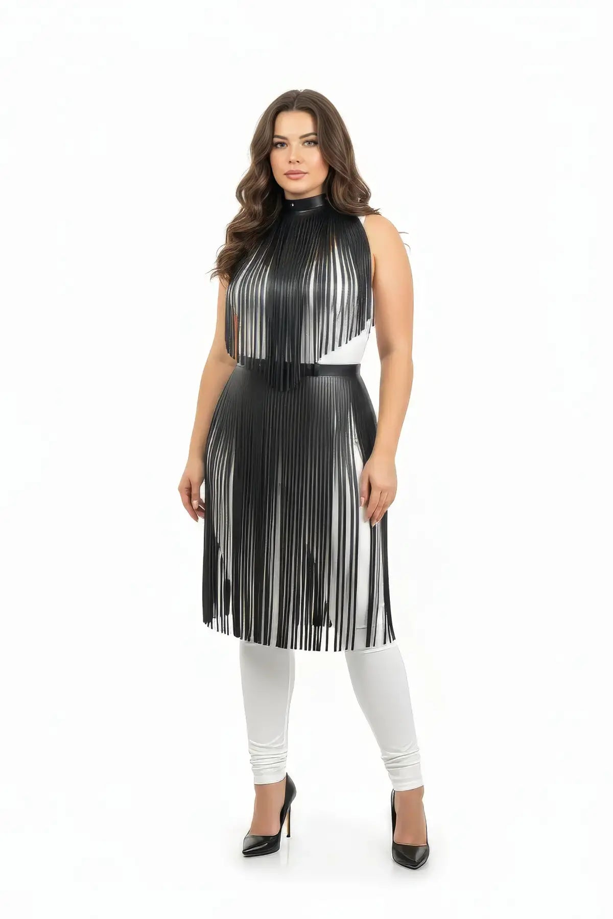Plus-size black vegan-leather fringe capelet and belted long skirt set