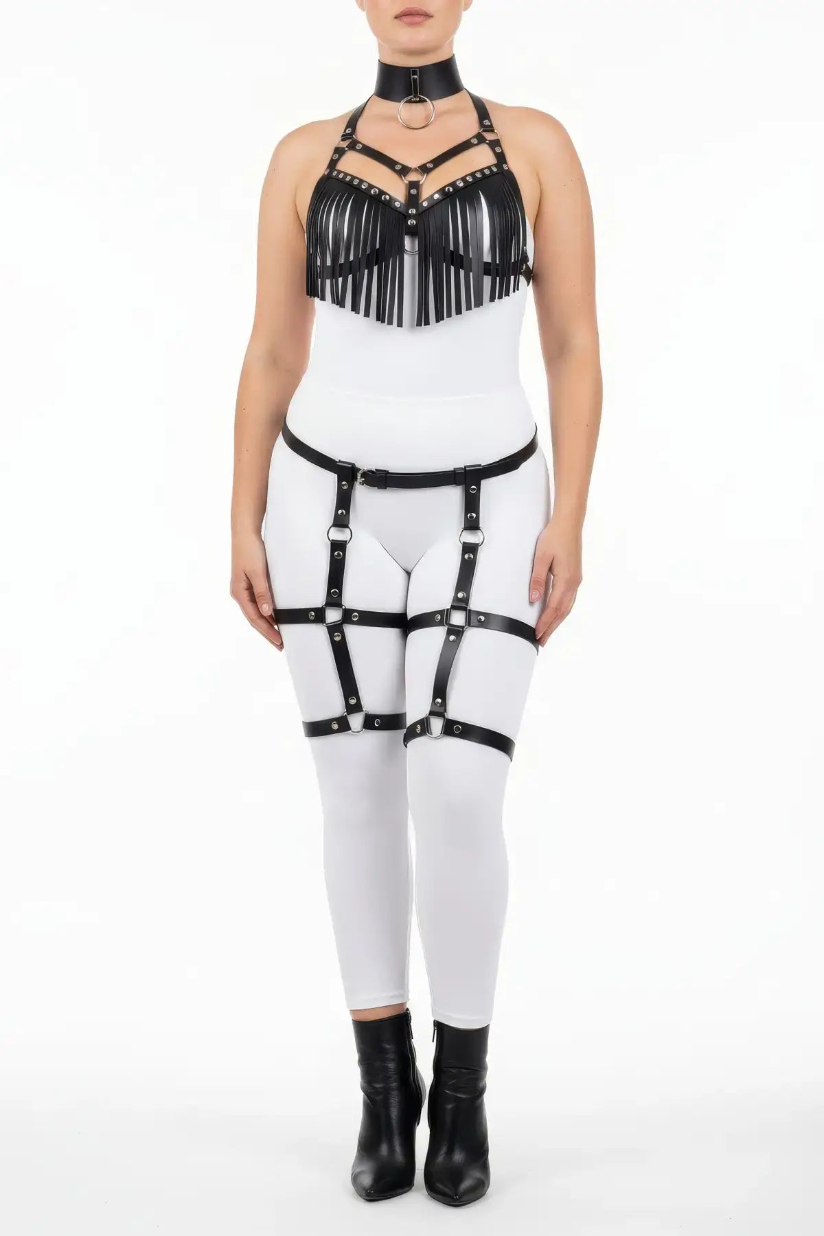 Plus-size black fringe tassel harness and garter set in vegan leather with metal hardware