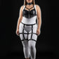 Plus-size black fringe tassel harness and garter set in vegan leather by HarnessClub, worn by model