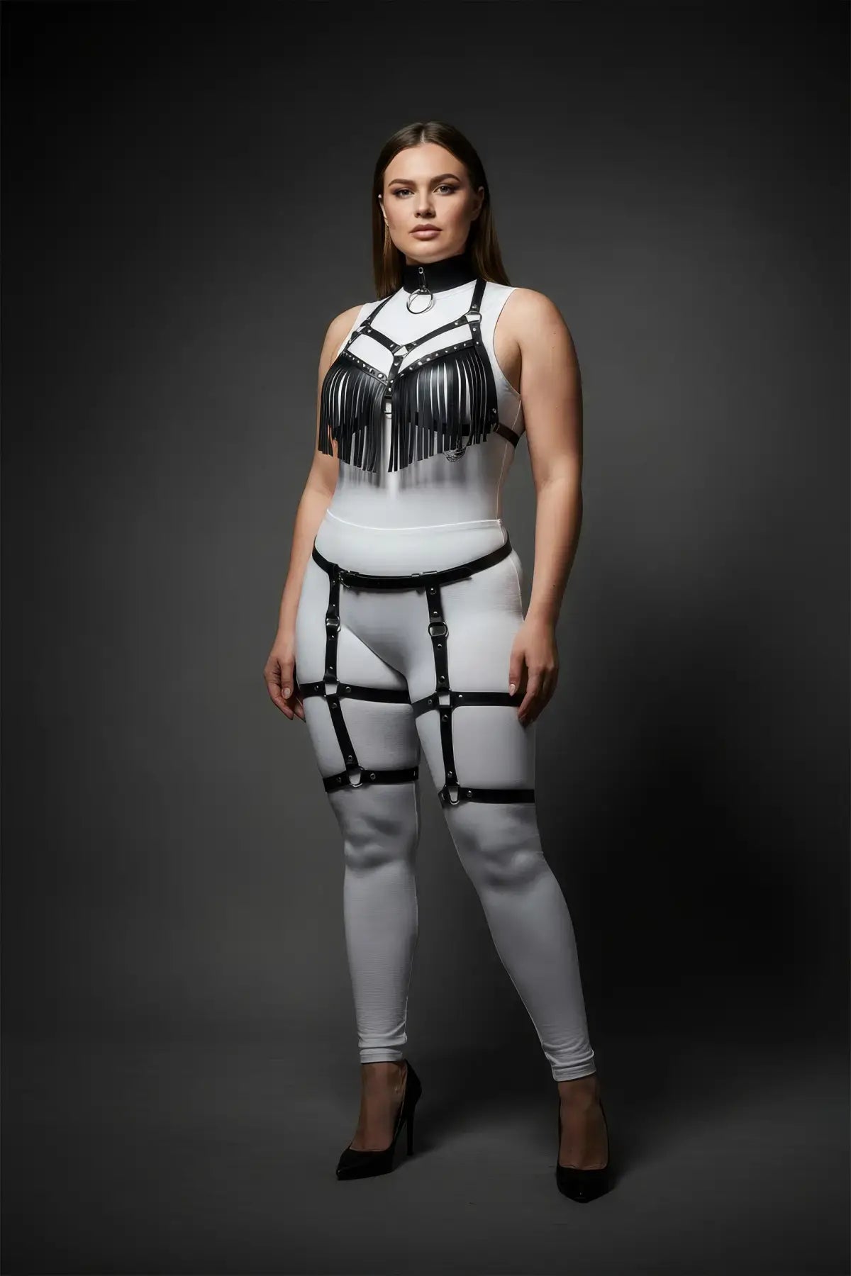 Plus-size black fringe tassel harness and garter set in vegan leather by HarnessClub