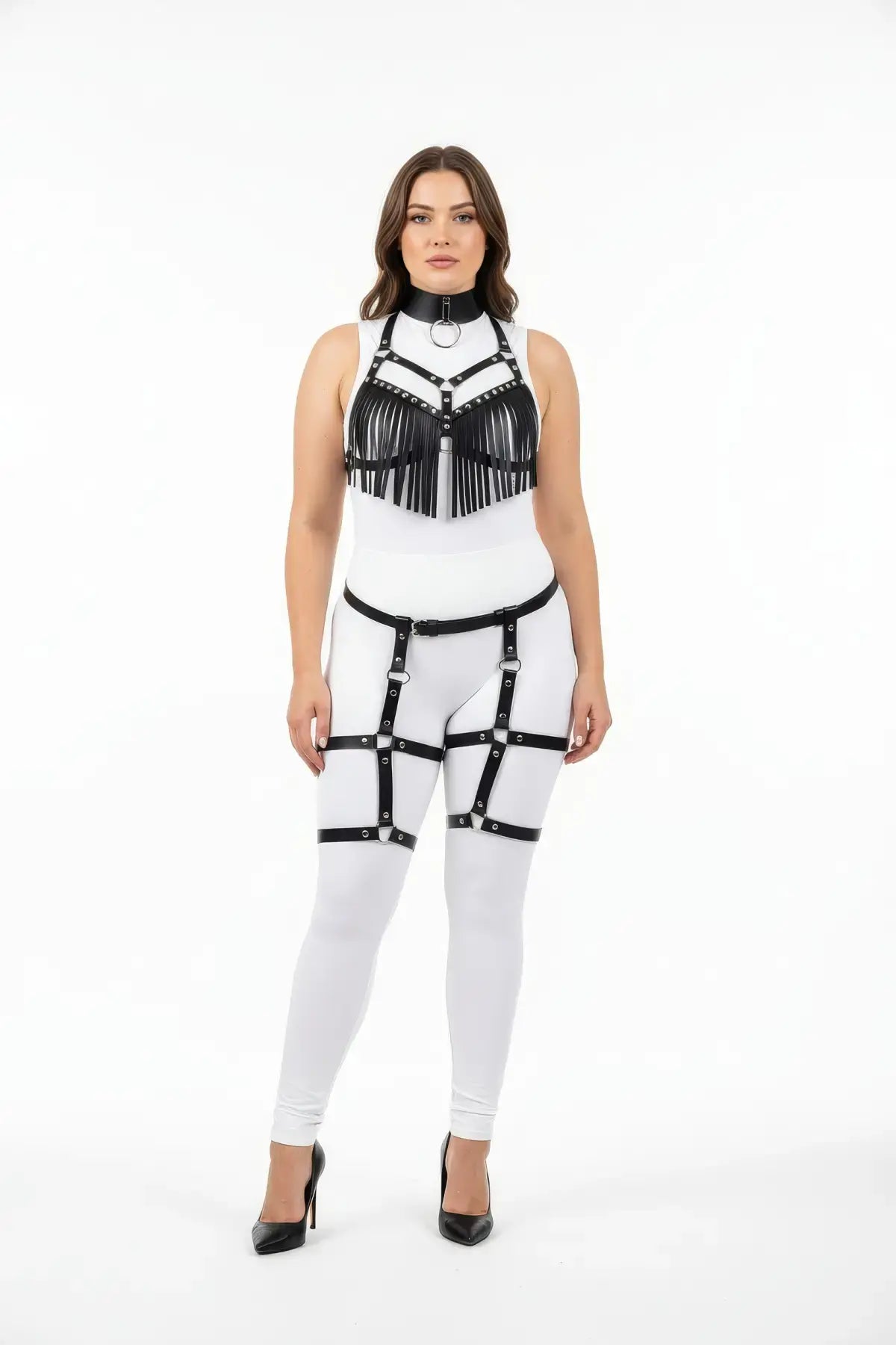 Plus size black fringe tassel harness and garter set by HarnessClub in vegan leather.