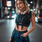 HarnessClub plus-size black fringe-wing bralette & chain-drop garter belt body harness set, vegan leather.